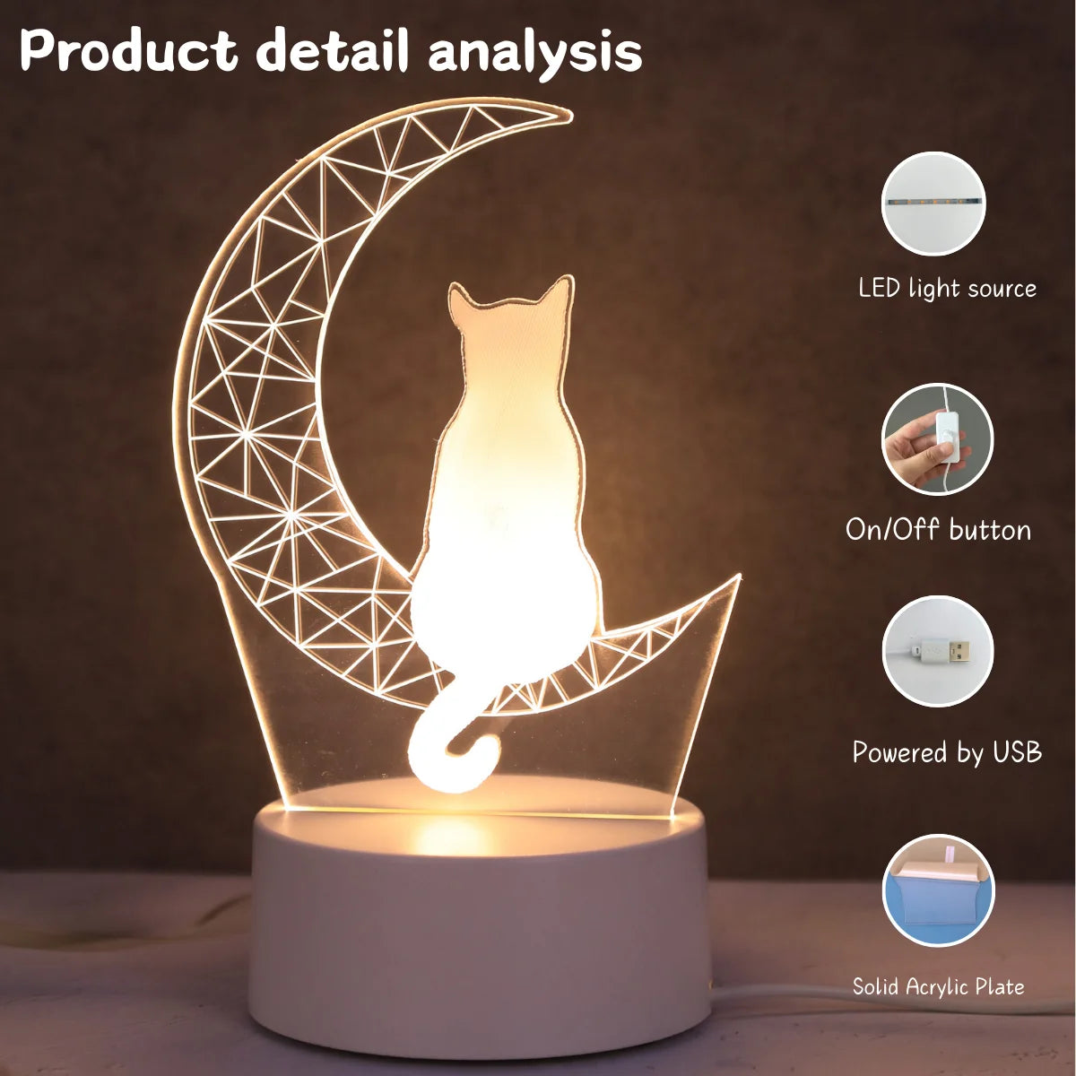 3D Moon Cat USB Night Light – Desk & Bedroom Lamp